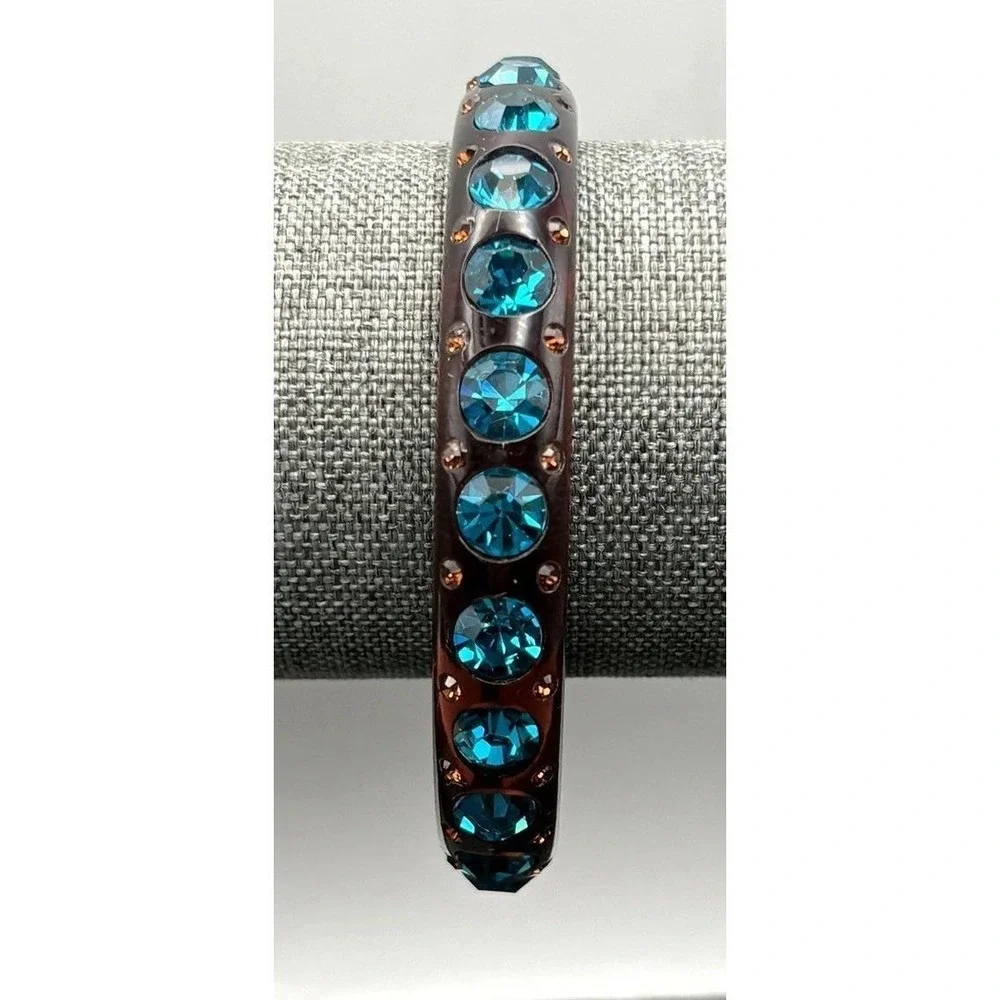 Vintage Teal Blue Crystal Rhinestone Bangle Bracelet Brown Lucite 8